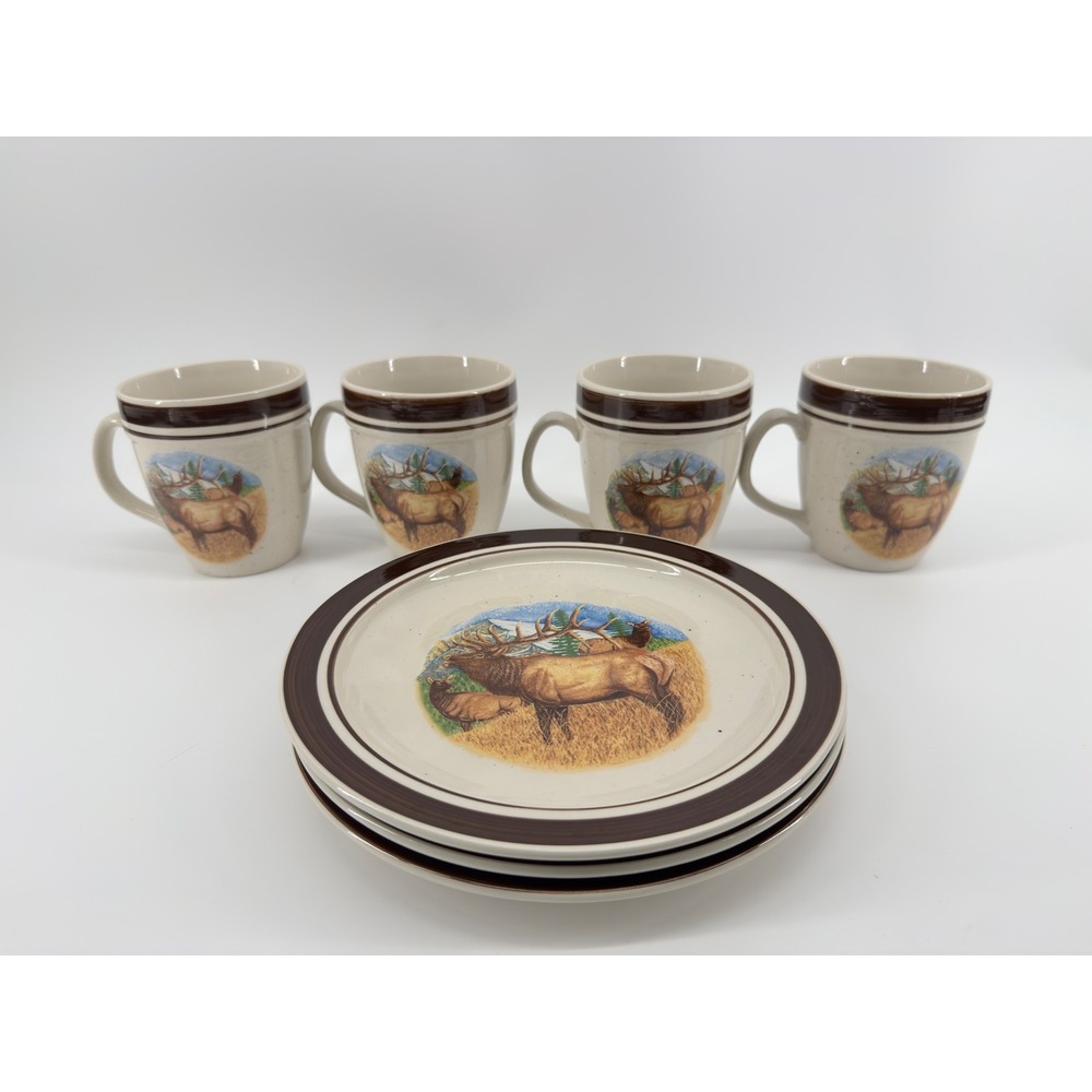 Cabelas Folkcraft Stoneware Bugling Elk 8pc Set 4 Mugs 4 Plates Scotty Z Lodge